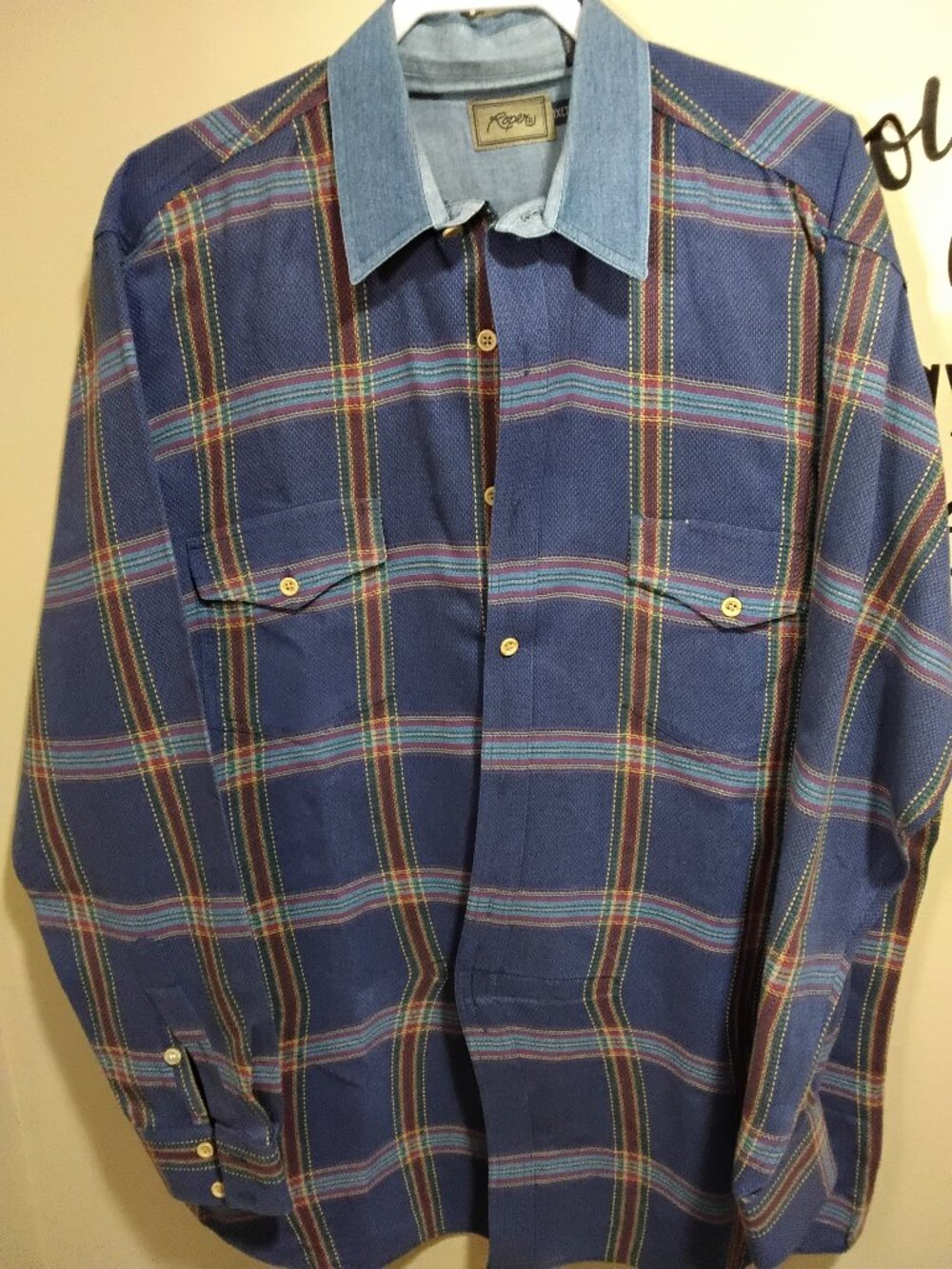 Vintage Roper Men's 1XLT Blue Plaid Woven Jacquard Western Shirt Denim Collar
